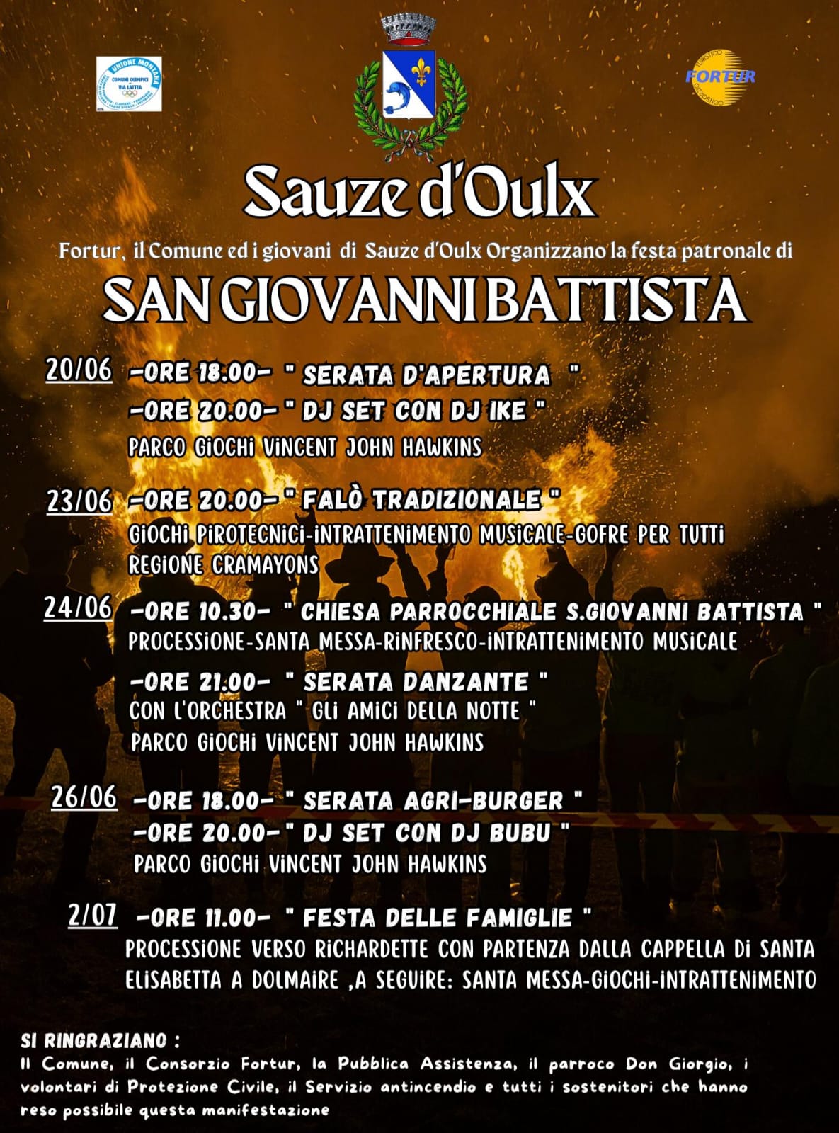 Locandina con falò sullo sfondo e con tutto il programma dei festeggiamenti per San Giovanni Battista