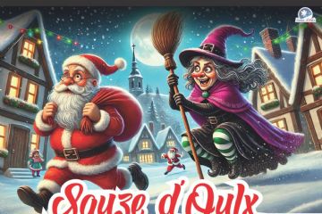 Locandina con Babbo Natale e la Befana, di sfondo vi sono delle casette addobbate per Natale e la luna piena. Titolo dell'evento e data, 21 dicembre 2024