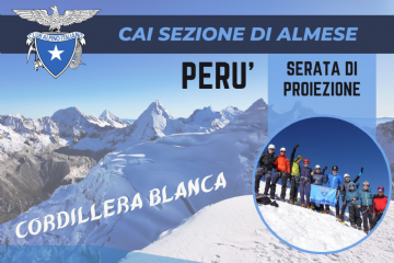 Locandina evento con sullo sfondo delle montagne innevate e sulla destra una foto circolare con la sezione CAI di Almese che tiene una bandiera con il loro logo 