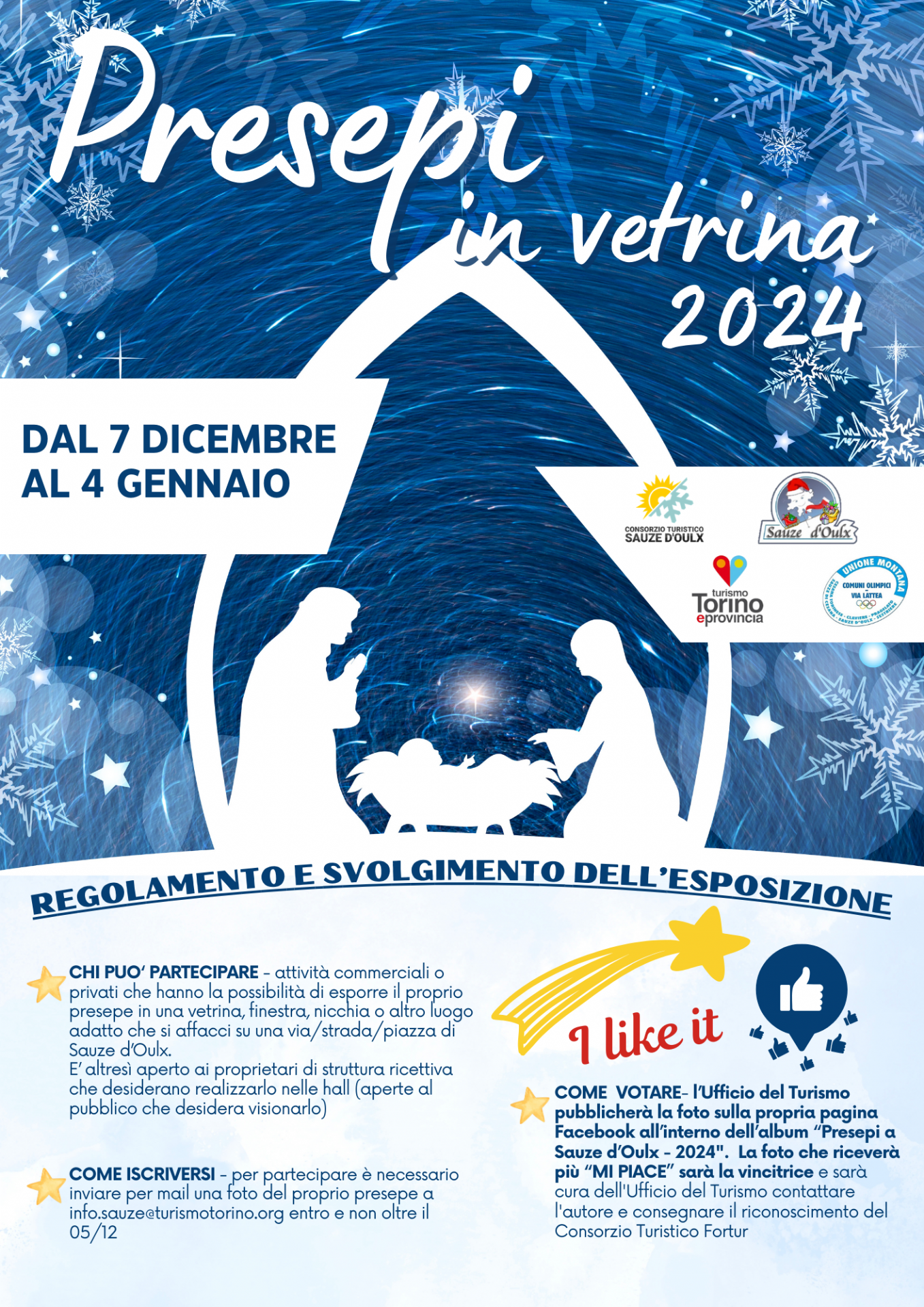 Locandina con disegno di un presepe e titolo dell'evento. Dal 07 dicembre al 04 gennaio sono le date d'inizio e fine dell'evento.
