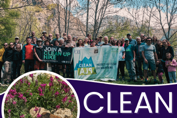 Locandina con titolo dell'evento, una foto in alto con i protagonisti del progetto mentre tengono due striscioni a tema: "Clean Alp". Una seconda foto in un cerchio di un cespuglio con fiori rosa ed una spugna da bagno trovata come rifiuto. Evento che si terrà in diverse date anche a Sestriere e Cesana Torinese.