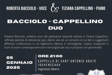 Locandina di colore grigio con due cerchi contenenti le foto delle due artiste e spiegazione circa la tipologia dello spettacolo: Roberta Bacciolo alla voce e Tiziana Cappellino al piano. Riarrangiano pezzi classici e brani di autori contemporanei. 05 gennaio 2025