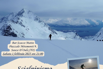 Locandina evento con in alto un'immagine di uno scialpinista con montagne sul retro. Una foto a destra con uno sciatore ed un'altra sotto con l'aurora boreale