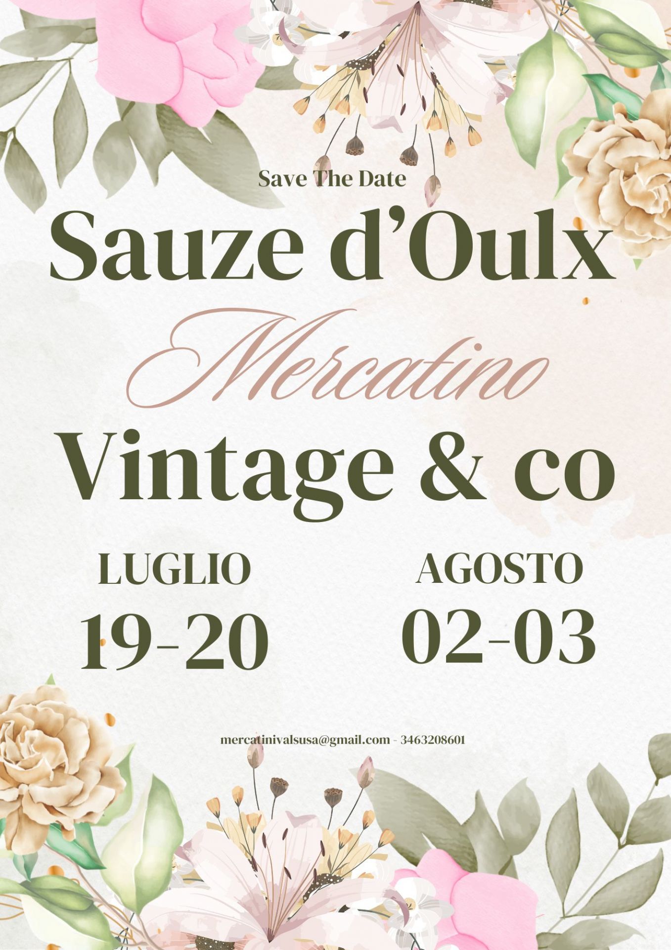 Locandina dei mercatini vintage che si terranno a Sauze d'Oulx 19-20 luglio e il 02 e 03 agosto