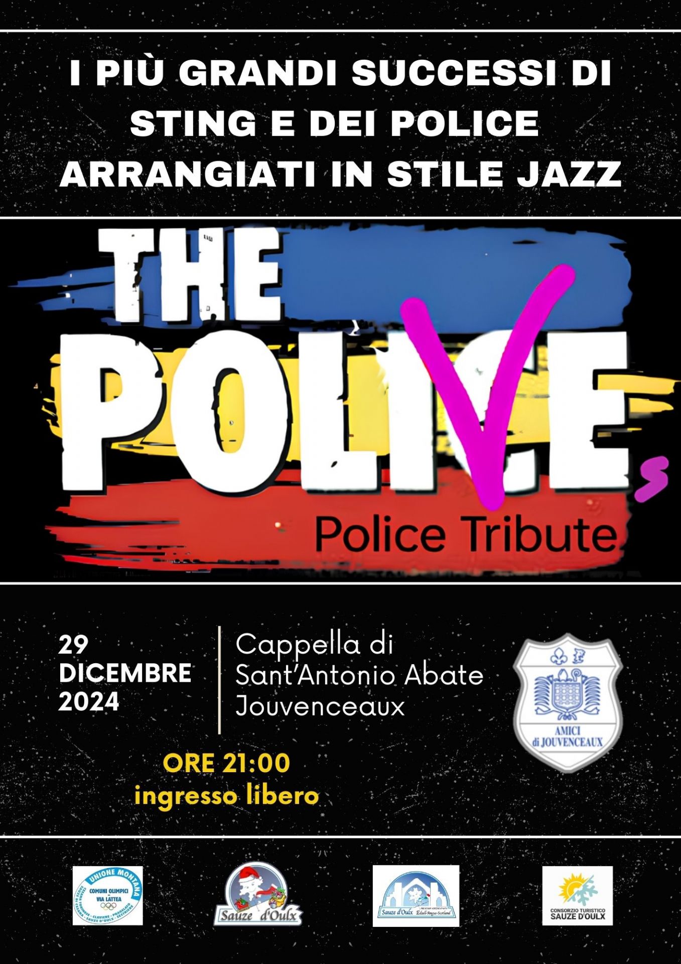 Locandina con al centro il titolo dell'evento e tre strisce orizzontali sotto ad esso di colore blu, giallo e rosso. Domenica 29 dicembre 2024.