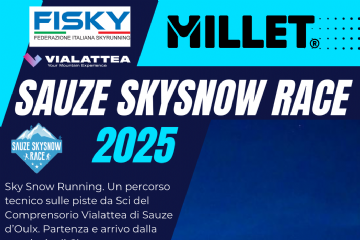Locandina dell'evento con immagine sulla destra dei partecipanti che salgono in notturna sulla pista da sci