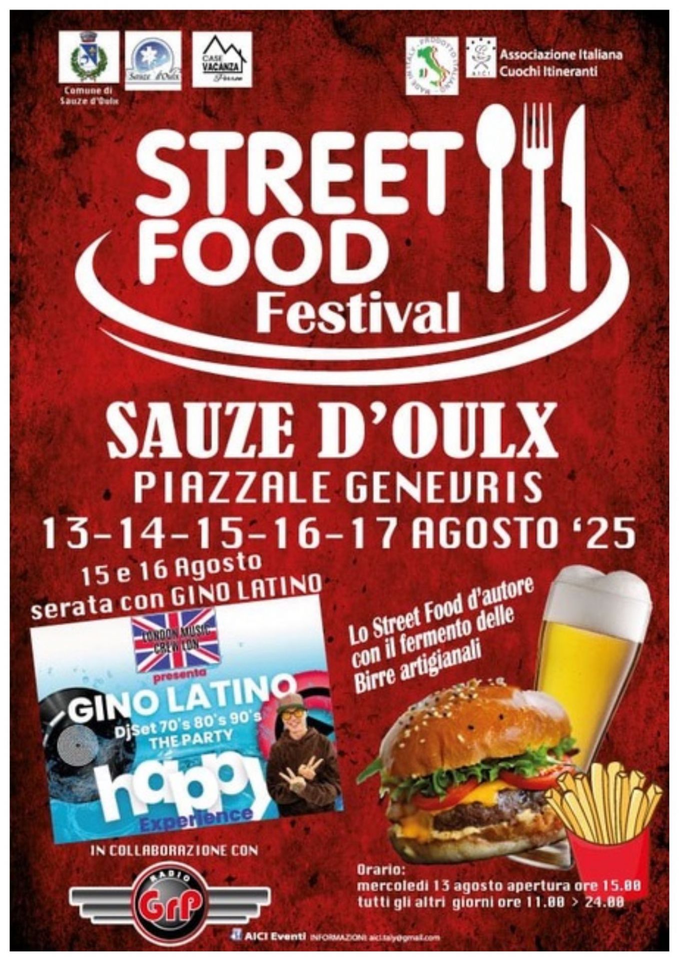 Locandina street food festival che si terrà dal 13 al 17 agosto presso Piazzale Genevris