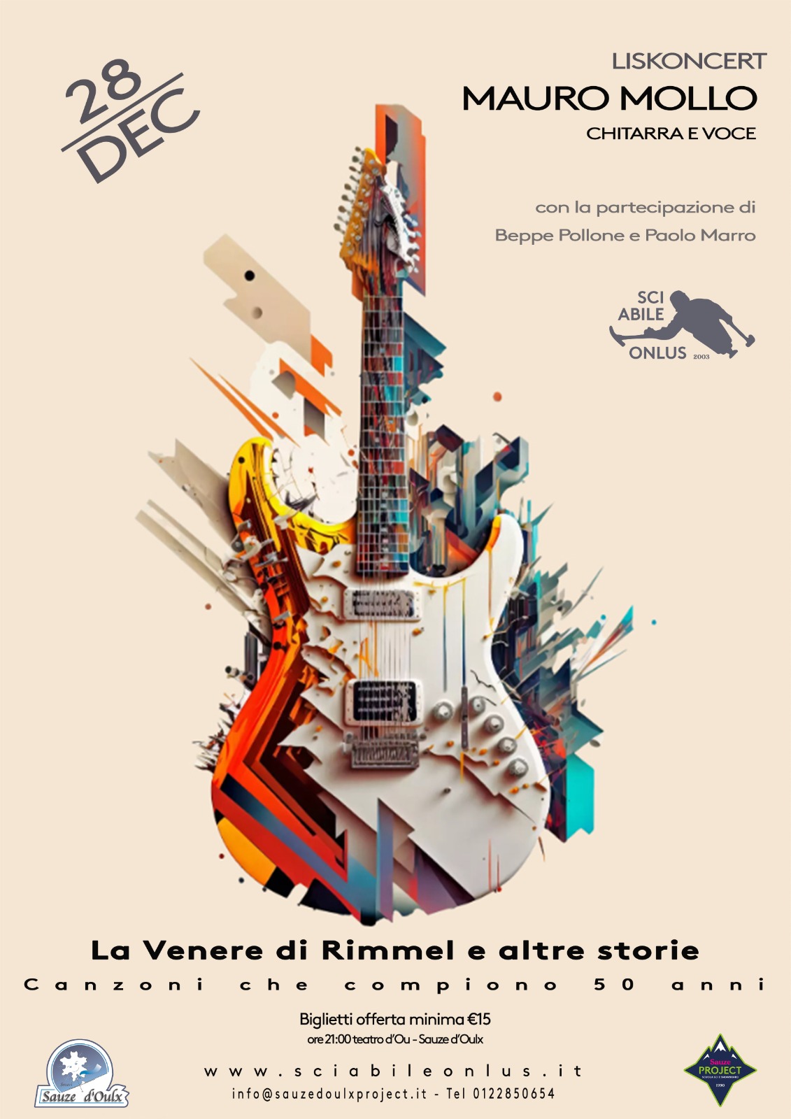 Locandina Liskoncert con chitarra al centro. Evento che si terrà alle ore 21.00 al Teatro d'Ou