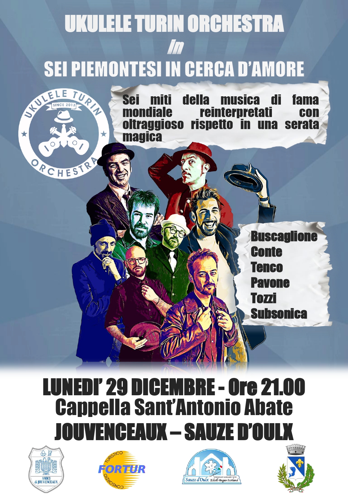 Locandina evento con gli artisti al centro e al di sotto le informazioni circa la data ed il luogo
